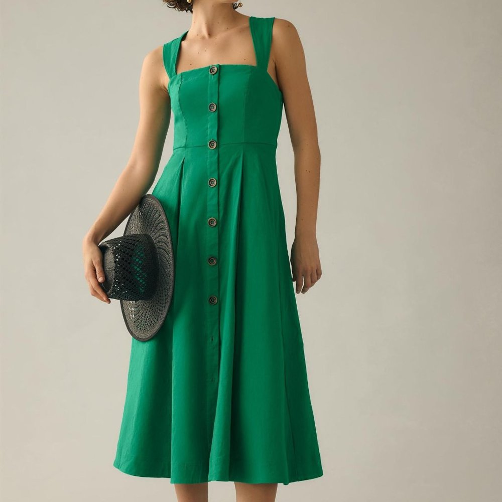 Anthropologie Maeve Square-Neck Buttondown Dress, Emerald, Size 2